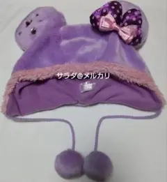 ディズニー　レア　ミニー　ファンキャップ　防寒　リボン　水玉　ドット　紫　ピンク