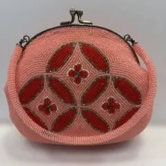 昭和レトロ ビーズバッグ がま口 ハンドバッグ ピンク 花柄 和装小物