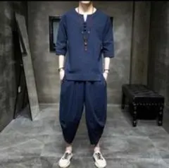 【4色から選べる】 リネン　セットアップ　ハーフパンツ　モード系　ゆるめ　紺