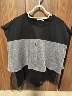 Lumier/デザイン切替チュールレイヤードTシャツ/ツイード調/金ボタン/Fのサムネイル