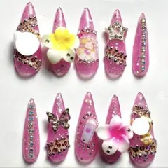 ネイルチップ ギャル 平成 y2k ピンク ヒョウ柄 シルバー