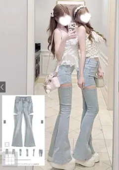 GRL サイドカットアウトフレアデニムパンツ　ライトブルー　XS タグ付きのサムネイル