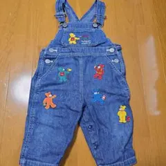 希少 ミキハウス レトロ デニムオーバーオール カラフルクマ刺繍