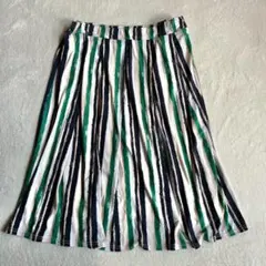 フレアスカート（LL）ゴムウエスト ランダム ストライプ ミディ丈 フェミニン