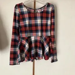 長袖トップス　チェック　ペプラム