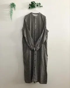美品 無印良品 チェック柄 スタンドカラー フランネル ロングシャツワンピース