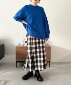 フレアロングスカート ブラック・ホワイト チェック柄