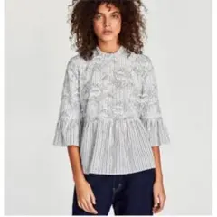 zara ストライプ　レース　花　ブラウスのサムネイル