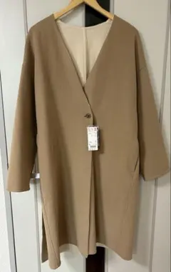UNIQLO ダブルフェイスノーカラーコート　ベージュ　新品未使用タグ付き L