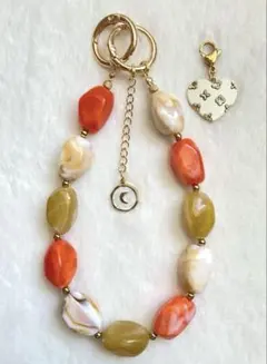 【411】☆ オレンジ　ミルクベージュ　天然石風　アクリルビーズ　ストラップ