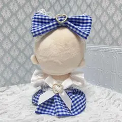 ハンドメイド ぬい服（青チェック×リボン）10cmぬい服②