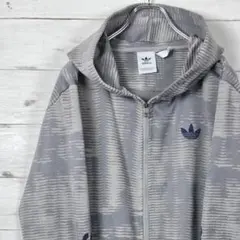アディダス フルジップパーカー トレフォイルロゴ刺繡 総柄 グレー XL