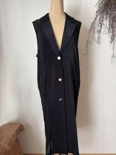Vinヴァン ブラック ロングベスト ノーカラー ボタン付き