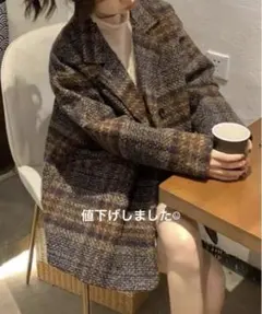 ブラウン系チェック柄ダブルブレストコート
