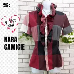 S：新品★高級 フリル ブラウス／ナラカミーチェ★タグ付★ストレッチ・チェック