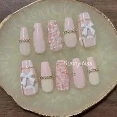 ネイル ネイルチップオーダー ワンホン ガーリー ツイード 韓国 リボン