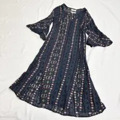 usa ワンピース アジアン エスニック 幾何学模様 ロング ネイビー