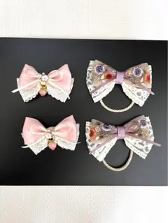 【キッズリボン(G)】 4個セット ヘアピン×2 ヘアゴム×２ ハンドメイド