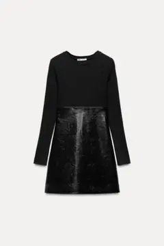 新品タグ付き　ZARA　レザー風素材コンビワンピース　ブラック　黒