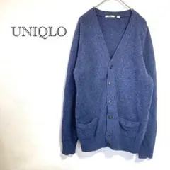 【ユニクロ】 カーディガン M ネイビー ウール100% Vネック シンプル