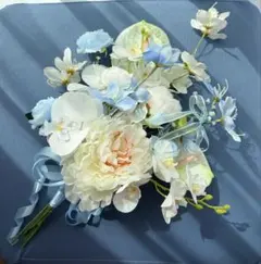 ホワイトブルー造花花束・造花ブーケ ・前撮りウェディングブーケ・ブートニア付き