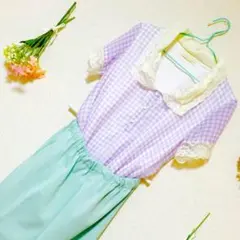 古着 ブラウス ギンガムチェック カットソー ラベンダー レース 美品 パステル