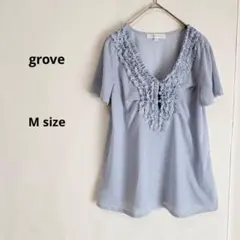 grove グローブ　フリルブラウス　M ストライプ　ブルー　半袖