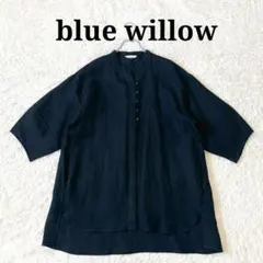 blue willow コットンリネン チェック バルーンスリーブブラウス 半袖 