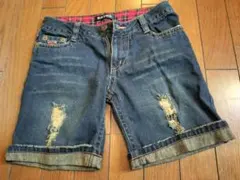 デニム　短パン　ダメージ加工　ブルー