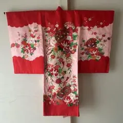 お宮参り 女の子 一つ身着物・長襦袢セット 赤 正絹 絞り 総刺繍 