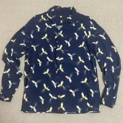 ZARA MAN 鳥プリント ネイビー長袖シャツ M