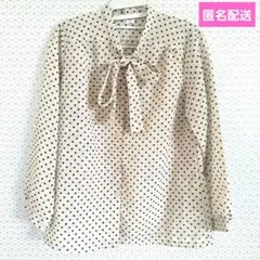 ベージュ ドット柄 リボン付きブラウス Lサイズ　日本製　婦人服　古風