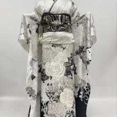 美品 手描き 枝垂れ桜 モノトーン 金彩 希少 フルセット 振袖 振り袖 