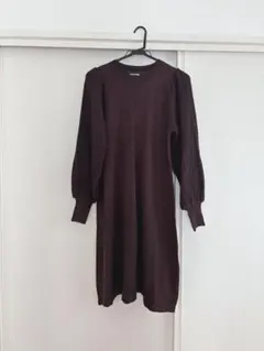 ダークブラウン ニット　ロングワンピース　バルーンスリーブ　Lサイズ　美品