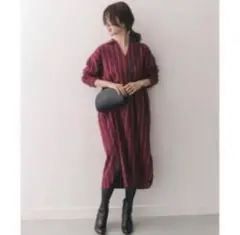 ボルドー ストライプ 長袖 シャツワンピース