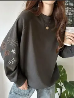 未使用！ハンドメイド風刺繍/前後2way/裏起毛オーバーサイズスウェット