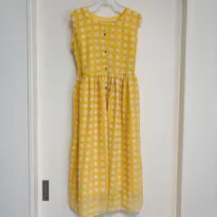 美品✨️イエロー 水玉模様 ノースリーブワンピース ドット柄 ミモレ丈 レトロ古着
