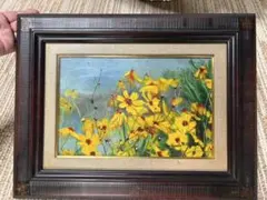 羽田二郎 直筆 油彩画 「春雨」花 コスモス 1994年 額装 サイン入り 絵画 羽田二郎 直筆 油彩画 「春雨」花 コスモス 1994年 額装 サイン入り