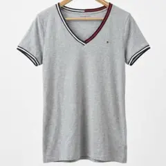 トミーヒルフィガー Tシャツ Vネック 半袖 無地 2XL 灰 綿 お出かけ