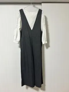 セット　ストライプVネックジャンプスーツ　グレー　S オールインワン