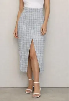 ツイード／フロントスリット／タイトスカート／ブルー／M／ZARA