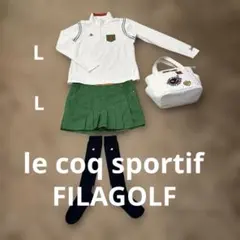 ルコックゴルフ白ハーフジップロゴ長袖LとFILAグリーンスカート L