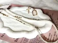 パールネックレス＋ゴールドネックレス＋アンティークチャーム2個セット♡お得set