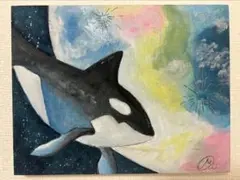 カラフルなクジラの原画 27.3×22cmキャンバス 絵画 現代アート 動物画