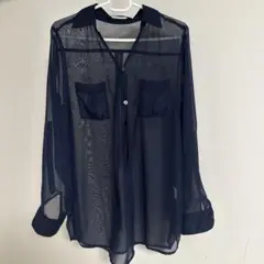 シアーシャツ　ブラウス　L L ネイビー