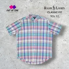 90sラルフローレン BD半袖シャツ 刺繍ロゴ マドラスチェック柄 XL