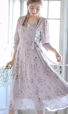 ウエストりぼん付きフラワープリントカシュクールワンピース　ピンク