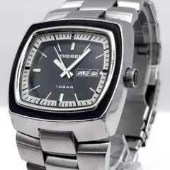 稼働品 新品電池 ディーゼル デイデイト スクエア 黒文字盤 シルバー クォーツ