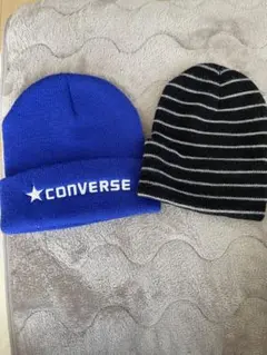 CONVERSE 青 ニット帽とストライプビーニーセット