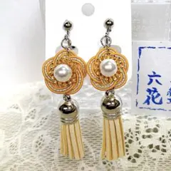 水引イヤリング タッセル付 マスタードイエロー ゴールド 和風アクセサリー